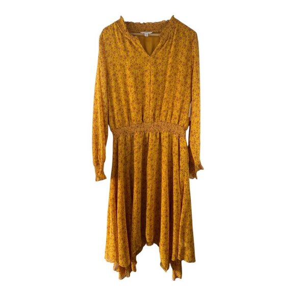 NWT Time and Tru Women’s Long Sleeve Floral Yellow Smocked Handkerchief Dress XL - Picture 1 of 14